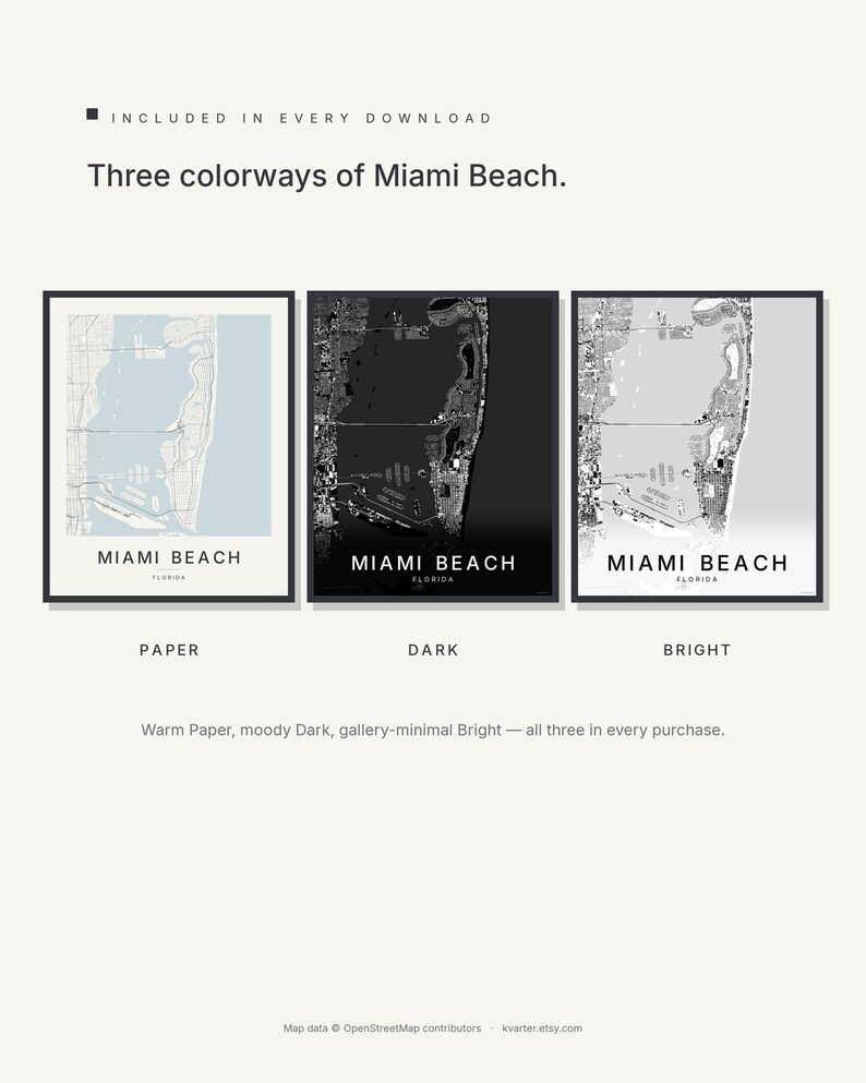 Miami Beach map wall art — Listing image 02 — colorways