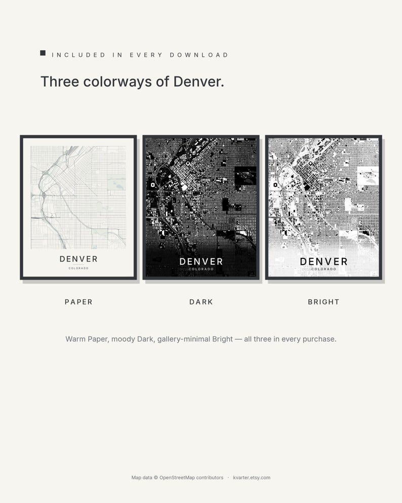 Denver map wall art — Listing image 02 — colorways