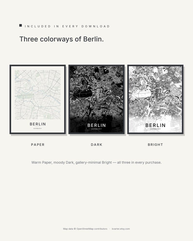 Berlin map wall art — Listing image 02 — colorways