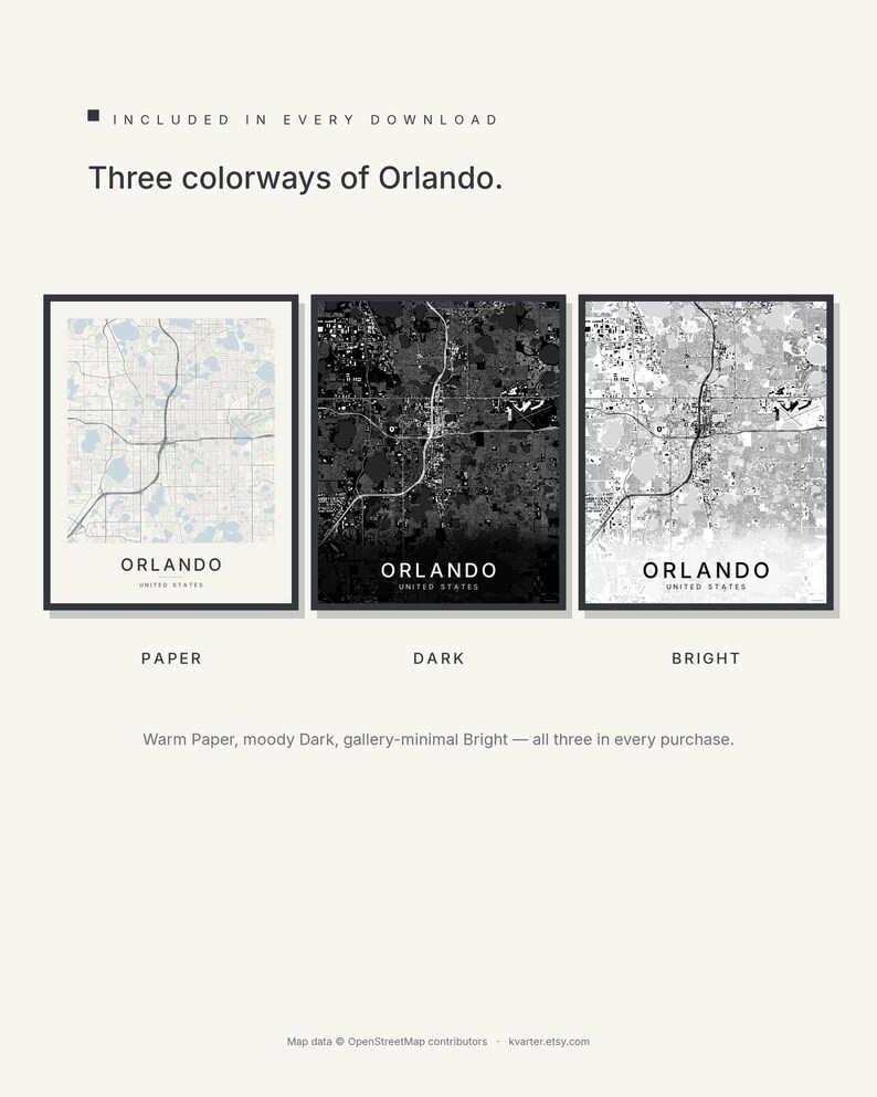 Orlando map wall art — Listing image 02 — colorways