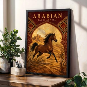 Arabian Horse Wall Art -  Modern Mosaic Tile, Burgundy and Gold Geometric Patterns