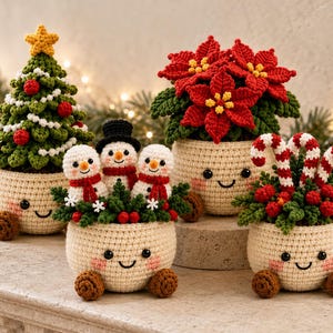 May include: A collection of four crocheted holiday decorations in cream-coloured pots with smiling faces. The items include a green Christmas tree with a yellow star, three small snowmen, a red poinsettia plant, and a cluster of candy canes.
