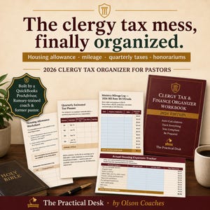 Könnte beinhalten: Ein 2026 Clergy Tax and Finance Organizer Arbeitsbuch mit passenden Arbeitsblättern, darunter ein Housing Allowance Worksheet, Quarterly Estimated Tax Planner, Ministry Mileage Log und Actual Housing Expenses Tracker, alle mit Text und Tabellen.