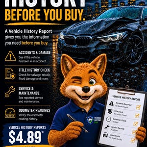 以下が含まれることがあります： 車両履歴レポートのプロモーション画像。チェックリスト付きのクリップボードを持つキツネのキャラクターが描かれています。背景には夜の暗い濡れた車があります。テキストには「KNOW THE HISTORY BEFORE YOU BUY」や「VEHICLE HISTORY REPORT」などの文字と様々なアイコンが含まれています。