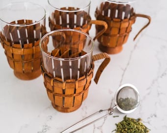 Vintage Wicker Glass Cups, Set of 4