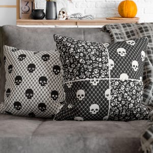 Plaid Skull & Crossbones Gothic Patchwork Pillowcase - Halloween Faux Suede Throw Pillow Cover - Insert Not Included