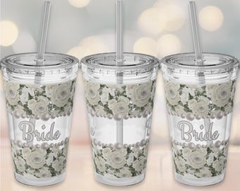 White Roses Pearls Wedding Party Tumbler - Bridal Party Gifts, Clear Acrylic Cup