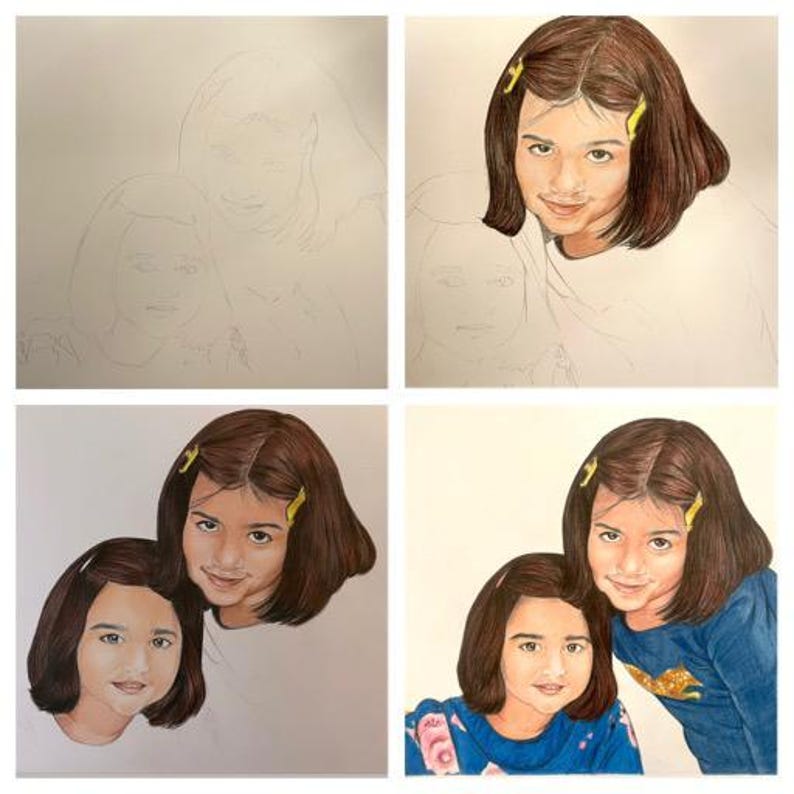 May include: A four-part progression of a colored pencil drawing showing the creation of a portrait of two children. The final image depicts two children with brown hair and yellow hair clips, wearing blue shirts with floral and animal patterns.