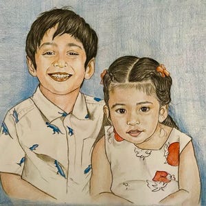 May include: A colored pencil drawing of two children against a blue background. The boy on the left wears a white short-sleeved shirt with a blue dinosaur pattern. The girl on the right has braided hair with orange bows and a white dress.