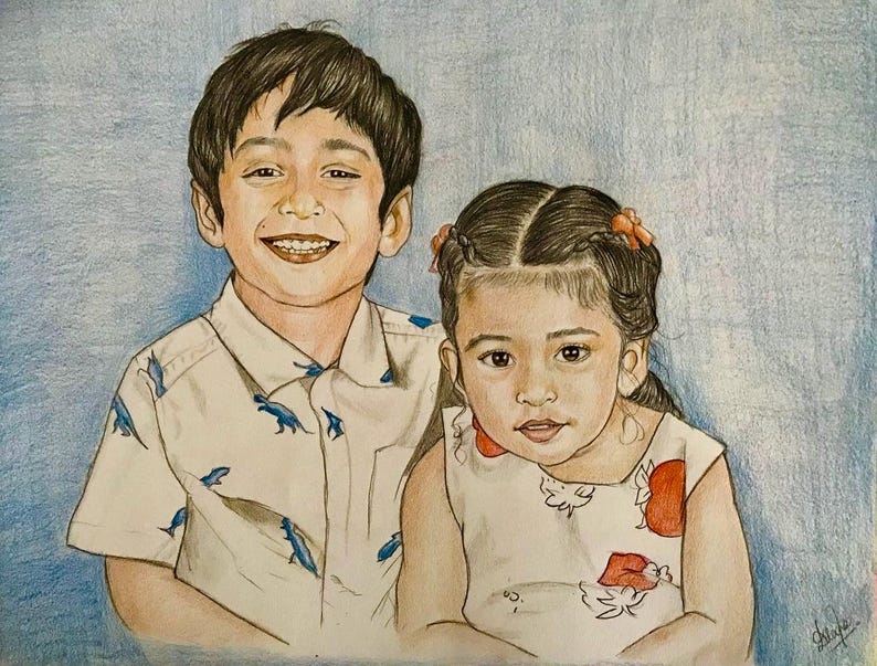 May include: A colored pencil drawing of two children against a blue background. The boy on the left wears a white short-sleeved shirt with a blue dinosaur pattern. The girl on the right has braided hair with orange bows and a white dress.