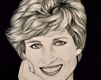 May include: A black and white graphite pencil drawing of a person with short, layered, feathered hair. The subject is smiling with their mouth slightly open, resting their chin on their hand, set against a solid, deep black background.