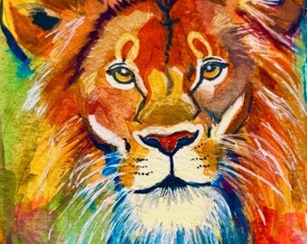 Colorful Watercolor Lion Print  Modern Wildlife Nursery Art (Digital Download) Printable Art
