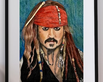 May include: A framed colored pencil drawing of a character with long brown hair, a red headscarf, and a dark vest. The character has a mustache, goatee, and dark eye makeup. The background is a textured blue, and the drawing is encased in a black frame.