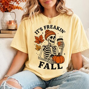 Skeleton Pumpkin Coffee Fall Graphic Tee | Comfort Colors Butter Distressed Shirt