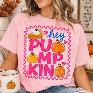 May include: A light pink t-shirt featuring a graphic with the text "hey PUMPKIN" in blue and pink, surrounded by a pink scalloped border. The design includes a slice of pumpkin pie with whipped cream and three orange pumpkins with small pink hearts.