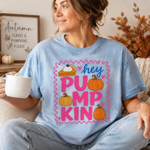 May include: A light blue short-sleeve t-shirt featuring a graphic print with the text "hey PUMPKIN" in blue and pink. The design includes a slice of pumpkin pie and three orange pumpkins surrounded by small pink hearts and a wavy pink border.