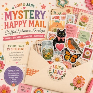 May include: A cream-colored envelope filled with assorted paper ephemera, including stickers of a black cat, a robin, a monarch butterfly, a mason jar with flowers, and daisies. The envelope is labeled Lois & Jane and features text about mystery happy mail.