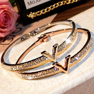 Handmade V-Shape Crystal Bangle Set, Gold Silver Duo-Tone CZ Pave Bracelets