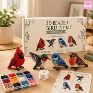 May include: A 3D beaded bird DIY kit featuring a box labelled 3D BEADED BIRD DIY KIT 4-PIECE SET, four finished beaded bird figures including a cardinal, hummingbird, bluebird, and robin, a plastic organiser with colourful beads, and instructions.