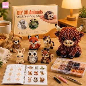 May include: A DIY 3D animal bead embroidery kit featuring a cardboard box with the text DIY 3D Animals, a step-by-step guide booklet, a clear plastic organiser filled with assorted coloured beads, two needles, tweezers, and several finished beaded animal figures including a highland cow, bear, fox, horse, rabbit, owl, squirrel, and hedgehog.