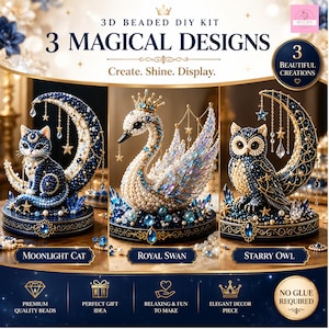 Puede incluir: Un kit de manualidades con cuentas 3D que incluye tres diseños: un gato sobre una luna creciente, un cisne con corona y un búho sobre una luna creciente. Cada figura está decorada con cuentas azules, blancas y doradas, estrellas y cristales.