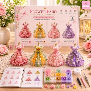 Peut inclure: Un kit de bricolage en perles 3D pour créer quatre robes de fée des fleurs, comprenant une boîte illustrant les modèles Rose Queen, Sunflower Princess, Sakura Blossom et Lavender Fairy, un organisateur de perles, des outils et un guide.