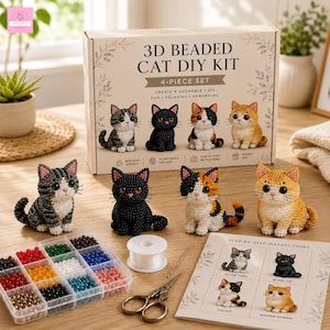 May include: A 3D beaded cat DIY kit 4-piece set box with four finished beaded cat figurines in grey tabby, black, calico, and orange tabby patterns. Includes a clear plastic bead organizer, a spool of white thread, a needle, scissors, and instructions.
