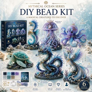 May include: A Mythical Ocean Series DIY bead kit featuring six creatures to assemble: a seahorse, moon jelly oracle, octopus, turtle, leviathan sea dragon, and ocean phoenix. Includes a box, bead organiser, string, and instructions for ages 12+.