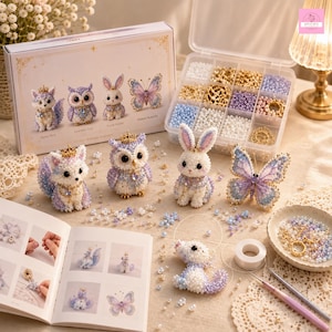 May include: A DIY craft kit featuring a box with illustrations of a beaded fox, owl, rabbit, and butterfly. The set includes a clear plastic organiser filled with assorted beads, a printed instruction booklet, and finished beaded animal figures.
