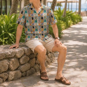 Puede incluir: Una camisa de manga corta con botones y un patrón de cuadrícula repetitivo de búhos coloridos en tonos azules, naranjas y amarillos, combinada con pantalones cortos beige y sandalias de cuero marrón. La camisa tiene un cuello clásico.