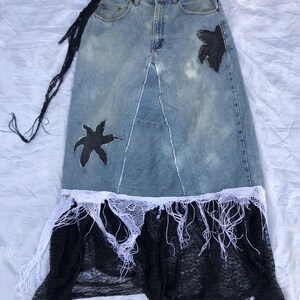 waist 34" Upcycled Denim Maxi Skirt | Grunge Fairycore Lace Hem, Star Patches, Y2K Whimsigoth