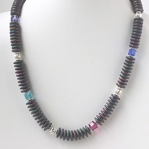Rainbow Hematite and Swarovski Crystal Necklace-Multicolor Minimalist Necklace-Metallic Necklace-Unique Handmade Jewelry Gift for Her