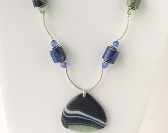 Black Agate Quartz Beaded Bold Necklace: Sterling Silver Swarovski Crystal