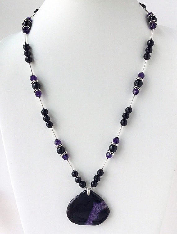 Purple Quartz in Black Agate Necklace-gemstone Jewelry-long | Etsy
