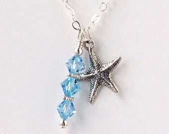 Starfish Charm Necklace-Aqua Blue Crystal Necklace-Sterling Silver Chain Necklace-Summer Beach Dainty Jewelry