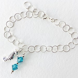 Sterling Silver Charm Bracelet for Beach Lover Sea Horse and Aqua Swarovski Crystal Dainty Bracelet Handmade Gift for Her