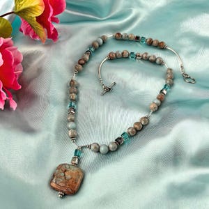 Aqua Terra Jasper Gemstone and Crystal Necklace-Blue and Cream Beaded Pendant Necklace for Women- Unique Handmade Jewelry Gift