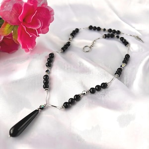 Black Onyx Teardrop Pendant Necklace: Sterling Silver Toggle Clasp