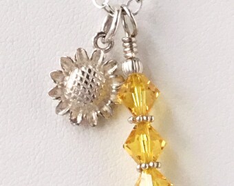 Sunflower Charm Necklace-Yellow Swarovski Crystal Jewelry-Dainty Summer Necklace-Unique Jewelry Gift for Mom Girlfriend Wife