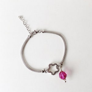 Sterling Silver Bracelet-Delicate Pink Swarovski Crystal and Flower Charm Bracelet-Dainty Jewelry Gift for Women Mom Wife Girlfriend