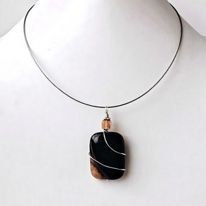 Topaz Quartz and Black Agate Gemstone Pendant- Multicolor Sterling Silver Wire Wrapped Pendant with Neckwire-Statement Necklace Gift for Her
