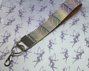 Shiny Rainbow stripes, Keychain Wristlet, handmade key fob, wrist lanyard for keys, faux leather keychain