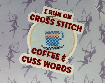 I run on coffee and cuss words cross stitch stickers for Kindle, needlepoint stickers for water bottles, coffee lover gift for her, creative