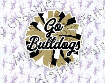 Bulldogs Pom Pom, Sports Spirit, Sticker, Waterproof Vinyl (Set of 6) black and gold team colors