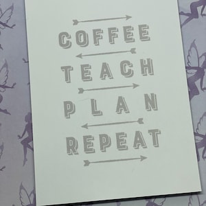 May include: White sign with gray text that reads "Coffee Teach Plan Repeat" with arrows pointing to the right.