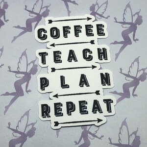 May include: White sticker with black text that reads "Coffee Teach Plan Repeat" with arrows pointing to the right.