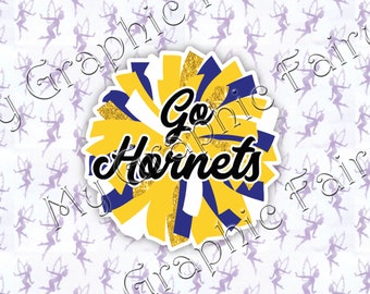 Hornets Pom Pom, Sports Spirit, Sticker, Waterproof Vinyl (Set of 6) blue and yellow team colors