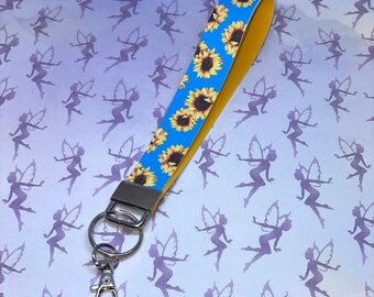 Sunflower blue, Keychain Wristlet, handmade key fob, wrist lanyard for keys, faux leather keychain