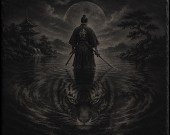 Samurai & Tiger – Atmospheric slate engraving on natural stone