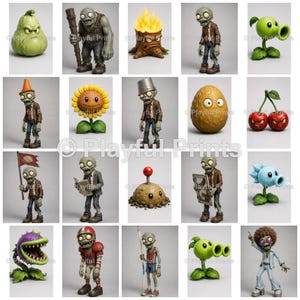 Op de afbeelding: Een verzameling van twintig individuele beeldjes met diverse personages uit het spel Plants vs. Zombies, waaronder groene planten zoals de peashooter en zonnebloem, en diverse zombiefiguren met accessoires zoals emmers, kegels en helmen.